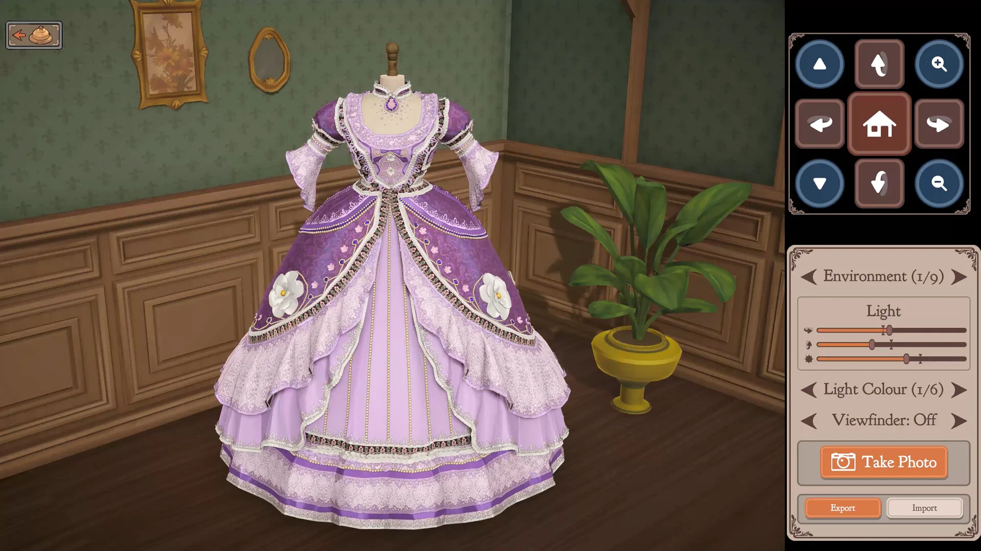 Purple layered gown displayed in Dressmaker photo mode