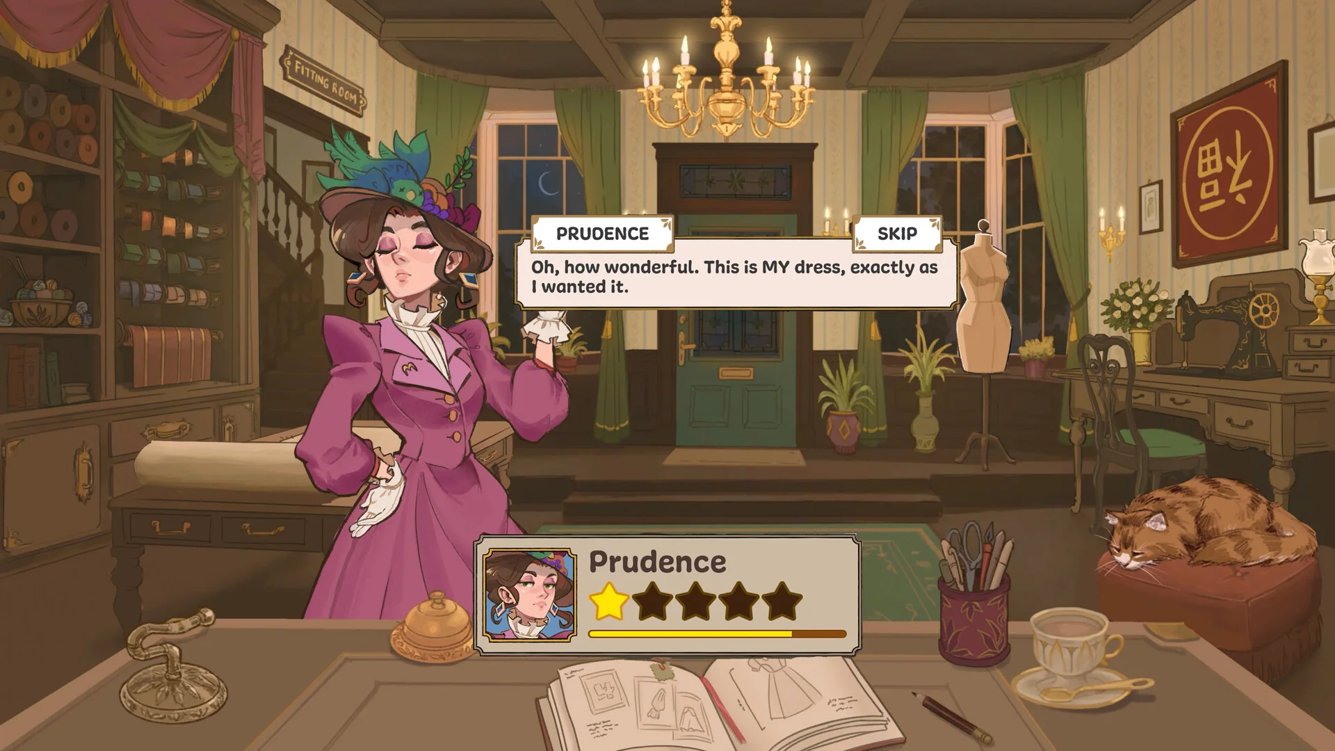 Prudence speaking to the player inside the Dressmaker shop