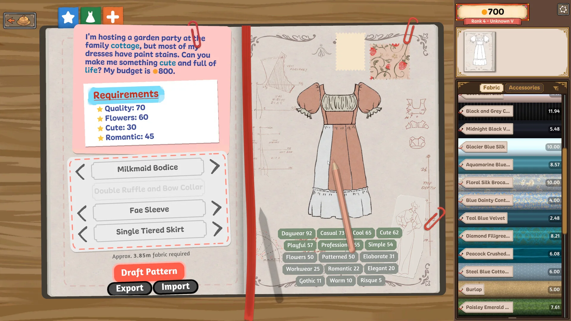 Dressmaker sketchbook screen with commission requirements